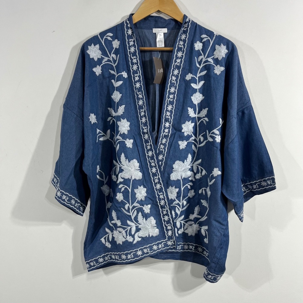 J. Jill Embroidered Lagenlook Boho Kimono Jacket Blue White Floral Lyocell S-L